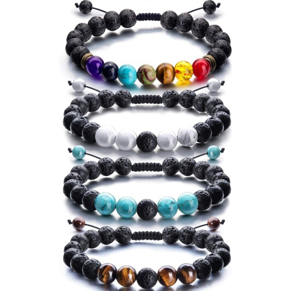 4 Pcs Lava Rock Bracelet for Men Bead Chakra Essential Oil Diffuser Bracelets Je